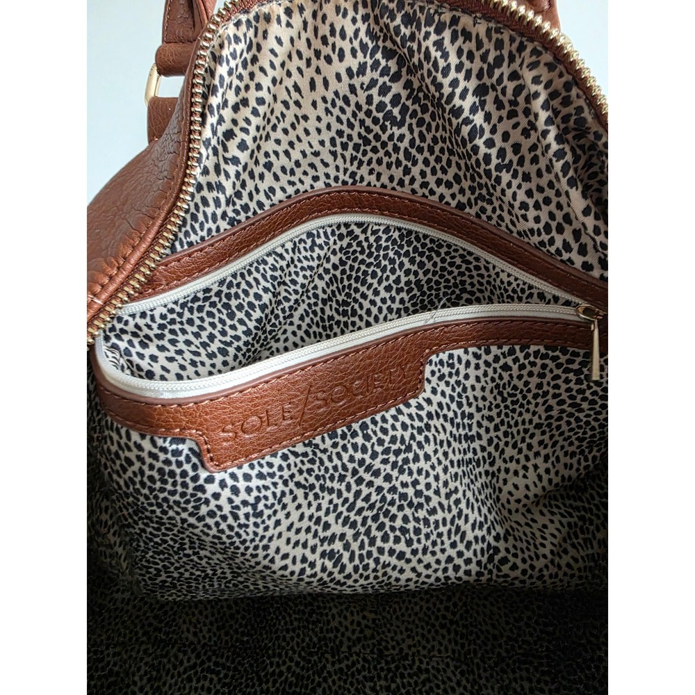 Sole Society Cassi Cognac Brown Vegan Leather Weekender Duffel Bag Leopard Lined - Picture 5 of 13